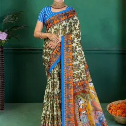 Saree Mall Beige Printed Sarees With Unstitched Blouse image 1