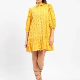 MADAME Mustard Cotton Self Design Shirt Dress-picture-29