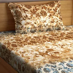 Klotthe Printed Brown & Blue 300 TC Cotton Single Bedsheet with 1 Pillow Cover image 3