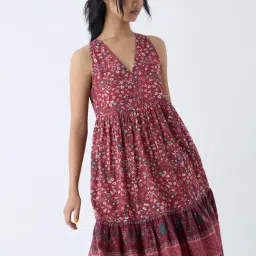 Bombay Paisley by Westside Maroon Floral Pattern Tiered Cotton Dress image 3