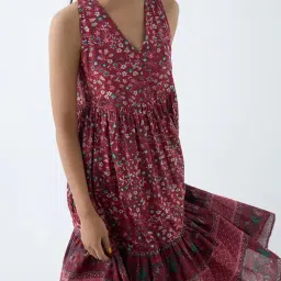 Bombay Paisley by Westside Maroon Floral Pattern Tiered Cotton Dress image 4