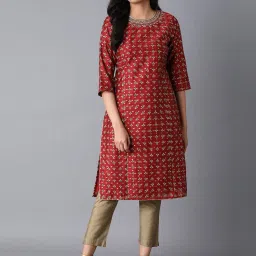 Wishful Red Printed Straight Kurta image 1