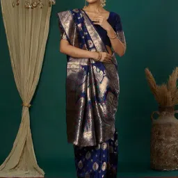Satrani Navy Blue Silk Blend Woven Saree With Unstitched Blouse-image-15