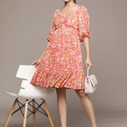 Label Ritu Kumar Floral Print Puff Sleeve Georgette Fit & Flare Dress-picture-21