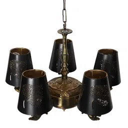 Devansh Black Textured Metal leaf Etched shade with Antique Golden Chandelier Ceiling Lamp image 4