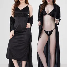 Dreambe Women V-Neck Satin Three-Quarter Sleeves Maxi Nightdress-image-5
