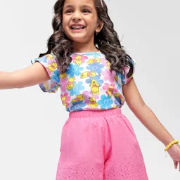 Babyhug Disney Single Jersey Knit Half Sleeves Top & Shorts Set with Floral & Winnie The Pooh Print - Multicolour image 1