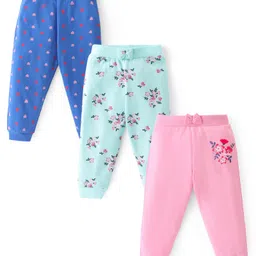 Babyhug Cotton Knit Full Length Lounge Pants Floral & Hearts Print with Bow Applique Pack of 3 - Multicolour-picture-12