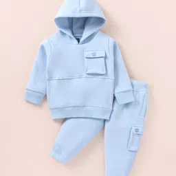Pepito Fleece Knit Full Sleeves Solid Hooded Winter Wear Co-Ord Set With Cut & Sew Design - Sky Blue-picture-29