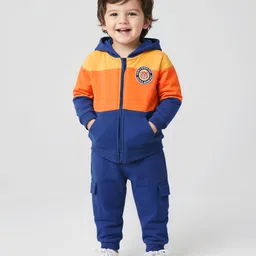 Babyhug Terry Knit Full Sleeves Hooded Sweatjacket & Lounge Pant Set With Bear Patch - Blue-picture-15