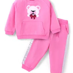 Babyhug Terry Knit Full Raglan Sleeves T-Shirt & Lounge Pants Set With Kangaroo Pocket & Sequined Teddy & Bow Applique - Pink-picture-31
