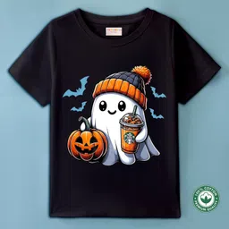 BLUSHES 100% Cotton Halloween Theme Half Sleeves Cute Ghost Printed Tee - Black image 1