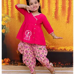 BownBee Pure Cotton Three Fourth Sleeves Lion Embroidered Top & Lions Printed Dhoti Set - Pink-picture-17