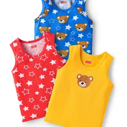 Babyhug 100% Cotton Single Jersey Knit Sleeveless Sandos With Animal & Star Print Pack Of 3 - Red Blue & Yellow-image-95