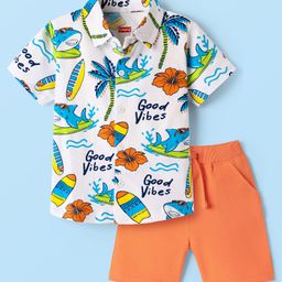 Babyhug 100% Cotton Knit Half Sleeves Shirt With Beach Theme Print & Short Set - White & Orange-picture-40