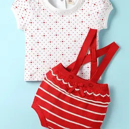ToffyHouse Cotton Knit Striped Dungaree & Half Sleeves T-Shirt With Heart & Polka Dot Print - Red & White-picture-37