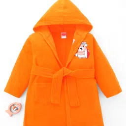 Babyhug Terry Cotton Knit Full Sleeves Bathrobe with Hood & Bear Embroidery - Orange-image-22