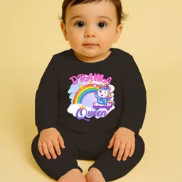 The Peppy Tend 100% Cotton Knit Full Sleeves Drama Queen Text & Baby Unicorn Printed Romper - Black image 1