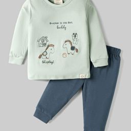 Ollypop Sinker Knit Full Sleeves Tshirt & Leggings Set with Horsey Embroidery - Scuba Green & Navy Blue-picture-41