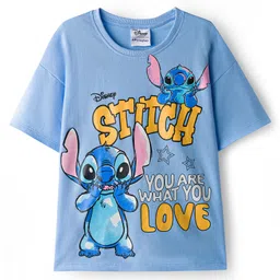 HoneyHap Disney Single Jersey Knit Drop Shoulder Half Sleeves Oversized T-Shirt with Stitch Graphics - Light Blue image 1