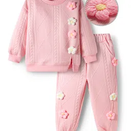 Mark & Mia Full Sleeves Winter Wear T-Shirt & Joggers Set With Floral Applique - Pink-picture-17