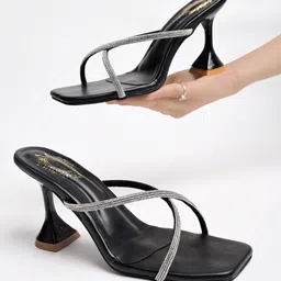 Shoetopia Stones Embellished Slip On Spool Heels Sandals - Black-picture-11