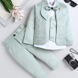 Fourfolds Woven Full Sleeves Leaf Motifs Embroidered 3 Piece Party Suit Set With Bow - Mint Green-picture-10