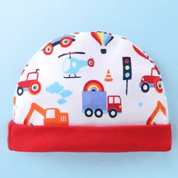 Babyhug 100% Cotton Cap Mittens & Booties Set Truck Print - Red & White image 2