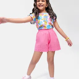 Babyhug Disney Single Jersey Knit Half Sleeves Top & Shorts Set with Floral & Winnie The Pooh Print - Multicolour image 2