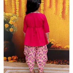BownBee Pure Cotton Three Fourth Sleeves Lion Embroidered Top & Lions Printed Dhoti Set - Pink image 3