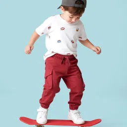 Babyhug Twill Full Length Cut & Sew Text Printed Trouser With Cargo Pockets & Stretch - Red image 2