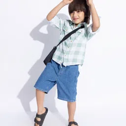 Taffykids 100% Cotton Full Sleeves Checked Shirt - Green & White image 4