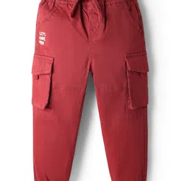Babyhug Twill Full Length Cut & Sew Text Printed Trouser With Cargo Pockets & Stretch - Red image 3