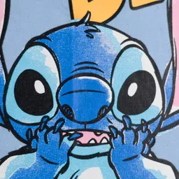 HoneyHap Disney Single Jersey Knit Drop Shoulder Half Sleeves Oversized T-Shirt with Stitch Graphics - Light Blue image 3