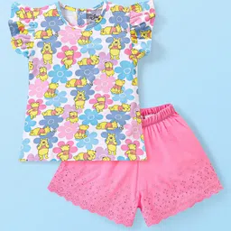Babyhug Disney Single Jersey Knit Half Sleeves Top & Shorts Set with Floral & Winnie The Pooh Print - Multicolour image 4