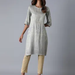 W Grey Embroidered Straight Kurta image 1