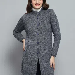 Monte Carlo Women's Grey Self Design Round Neck Full Sleeve Knitted Coat image 1