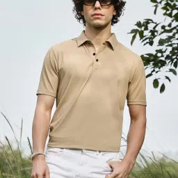 Campus Sutra Beige Regular Fit Self Pattern Polo T-Shirt image 1