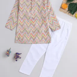 The Magic Wand Kids Beige & White Cotton Embroidered Full Sleeves Kurta Set image 1