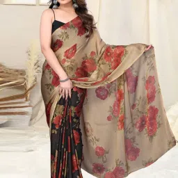 MIRCHI FASHION Beige & Red Floral Print Saree With Unstitched Blouse image 1