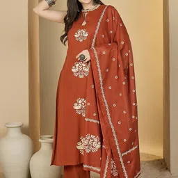 KIMAYRA Women Ethnic Motifs Printed Regular Thread Work Pure Cotton Kurta with Palazzos & With Dupatta-picture-37