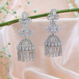 Fida Rhodium Plated American Diamond White Jhumki Earrings image 1