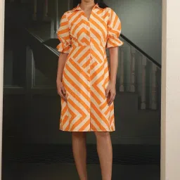 SALT Attire Orange & Cream Striped A-Line Dress image 1