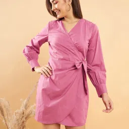 KASSUALLY Pink Cotton Regular Fit Wrap Dress image 1