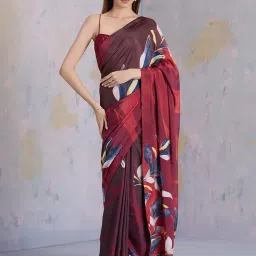 navyasa by liva Maroon Printed Saree With Unstitched Blouse image 1