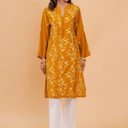 House of Kari Saba Chikankari Mustard Long Kurta In Muslin image 1