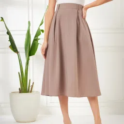 Kibo Brown Crepe Solid Midi Skirt image 1