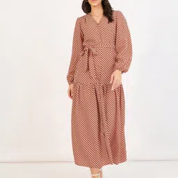 Styli Brown Polyester Flared Striped Dresses image 1