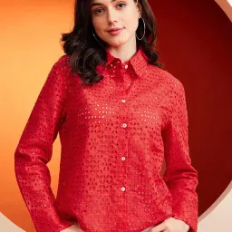 KASSUALLY Red Cotton Self Design Shirt image 1