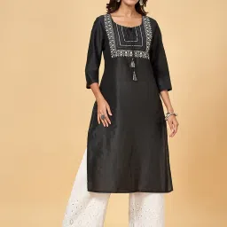 YU by Pantaloons Black Embroidered Straight Kurta image 1